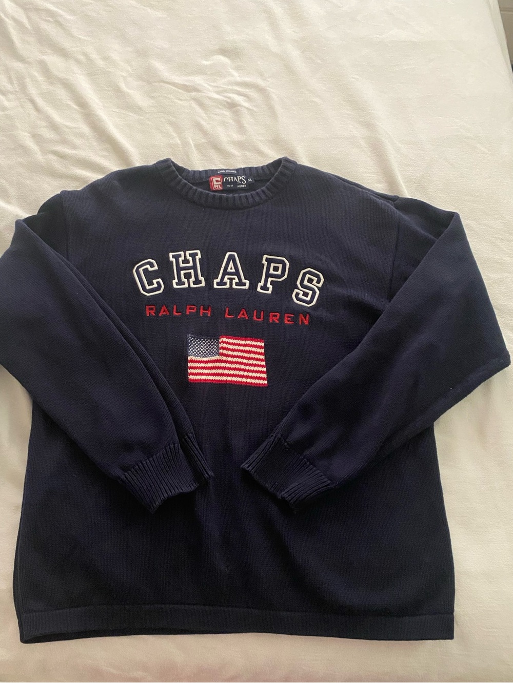 Ralph Lauren CHAPS Navy Crewneck Sweater with Flag Embroidery
